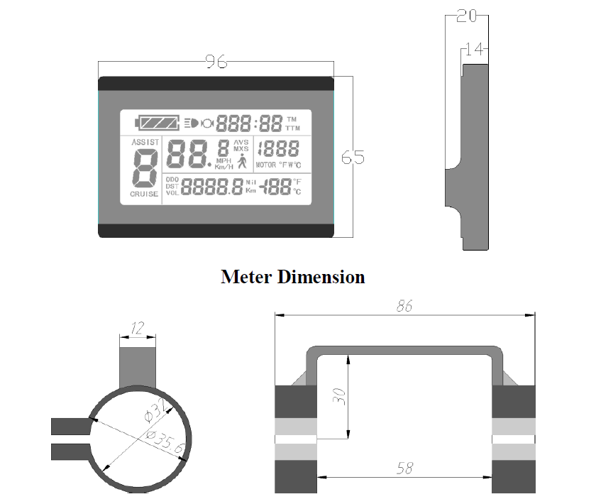 Panel LCD digital Greenpedel 24v 36v 48v KT-LCD3 para bicicleta eléctrica