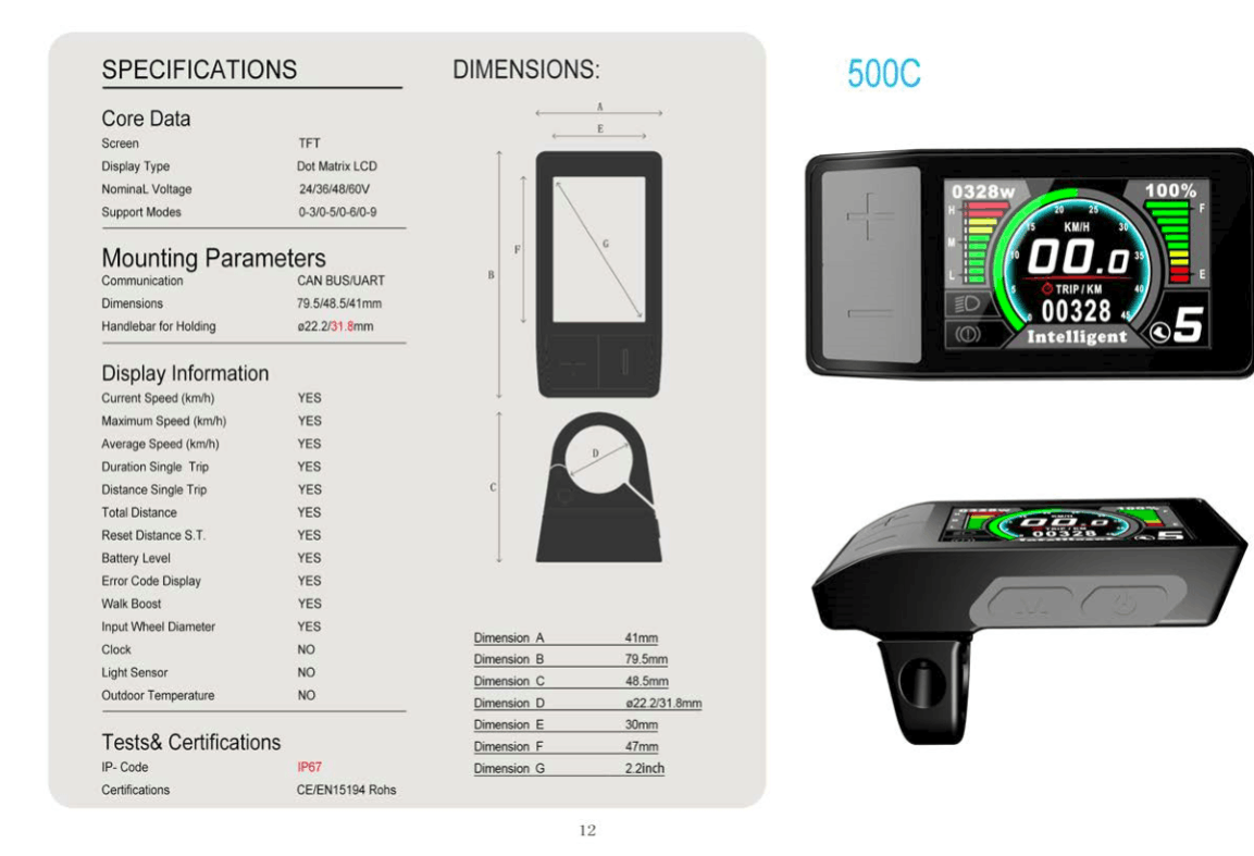 Pantalla LCD colorida para bicicleta eléctrica Greenpedel 500C TFT